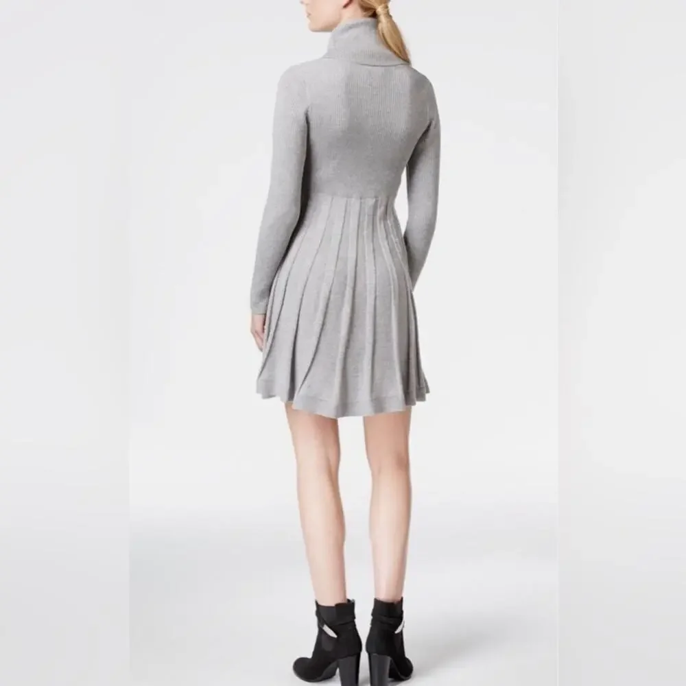 Calvin Klein Grey Cowl Neck Flare Shimmering Metallic Silver Sweater Dress Sz L